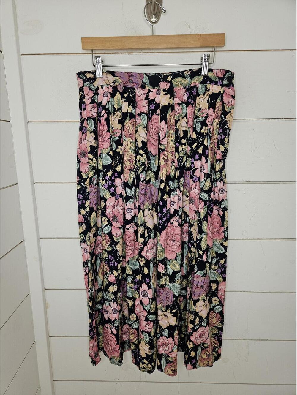 Vintage 80s Herman Geist black with pink flowers midi secretary skirt.
